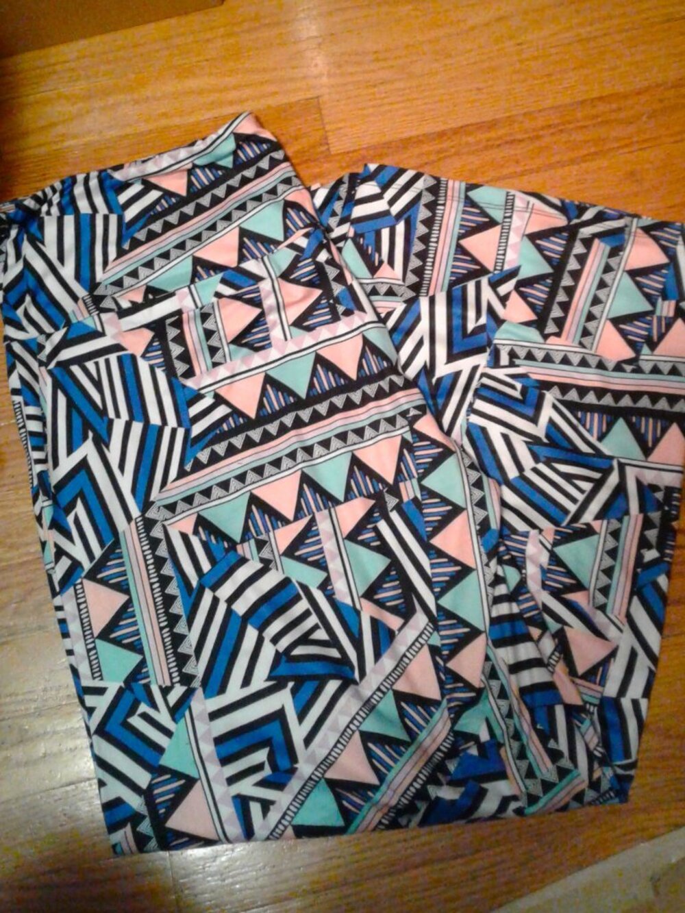 "Blue/Green Geometric" LNC Womens Stretchy Wide Leg Lounge Palazzo Pants Size 3X